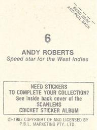 1982 Scanlens Cricket Stickers #6 Andy Roberts Back