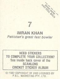 1982 Scanlens Cricket Stickers #7 Imran Khan Back