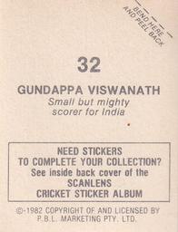 1982 Scanlens Cricket Stickers #32 Gundappa Viswanath Back