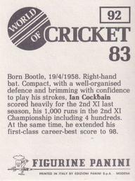 1983 Panini World Of Cricket Stickers #92 Ian Cockbain Back