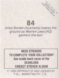 1983 Scanlens Cricket Stickers #84 Allan Border / Warren Lees Back