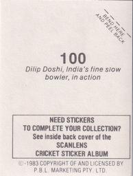 1983 Scanlens Cricket Stickers #100 Dilip Doshi Back