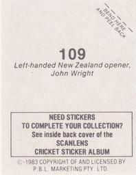 1983 Scanlens Cricket Stickers #109 John Wright Back