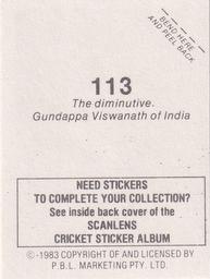1983 Scanlens Cricket Stickers #113 Gundappa Viswanath Back
