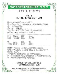1989 Cofton Collections Worcestershire County Cricket Club #8 Ian Botham Back
