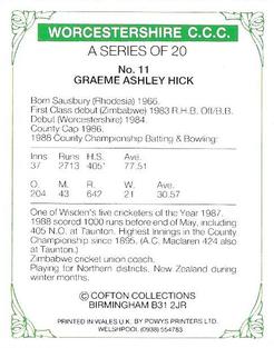 1989 Cofton Collections Worcestershire County Cricket Club #11 Graeme Hick Back