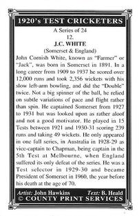 1994 County Print Services 1920's Test Cricketers (Series 1) #12 Jack White Back
