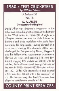 1992 County Print Services 1960's Test Cricketers #18 David Allen Back