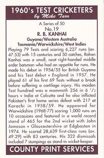 1992 County Print Services 1960's Test Cricketers #19 Rohan Kanhai Back