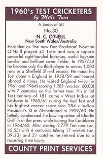 1992 County Print Services 1960's Test Cricketers #30 Norm O'Neill Back