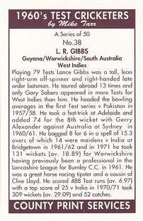 1992 County Print Services 1960's Test Cricketers #38 Lance Gibbs Back