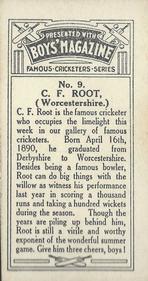 1929 Boys' Magazine Famous Cricketers Series #9 Fred Root Back