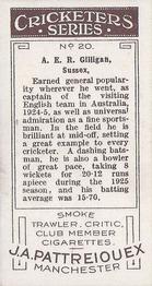 1926 J.A. Pattreiouex Cricketers #20 Arthur Gilligan Back