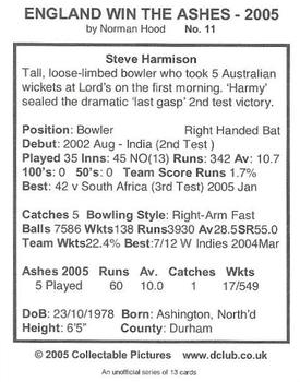 2005 Collectable Pictures The Ashes #11 Steve Harmison Back
