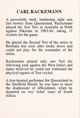 1993 The Great Test Match Card Game #NNO Carl Rackemann Back