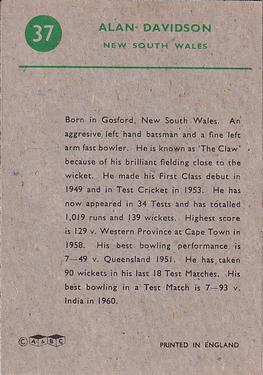 1961 A&BC Cricket 1961 Test Series (Large Border) #37 Alan Davidson Back
