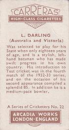 1934 Carreras A Series Of Cricketers #22 Len Darling Back