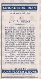 1989 Imperial Tobacco Ltd. 1934 Player's Cricketers (Reprint) #13 Joe Hulme Back