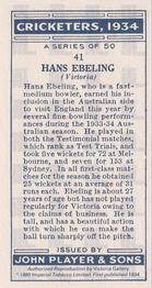 1989 Imperial Tobacco Ltd. 1934 Player's Cricketers (Reprint) #41 Hans Ebeling Back