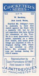 1997 Card Promotions 1926 J.A.Pattreiouex Cricketers (reprint)) #4 Warren Bardsley Back