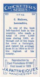 1997 Card Promotions 1926 J.A.Pattreiouex Cricketers (reprint)) #42 Charlie Hallows Back