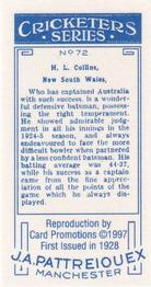 1997 Card Promotions 1926 J.A.Pattreiouex Cricketers (reprint)) #72 Herbert Collins Back