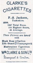 2001 Nostalgia 1901 Clarke's Cricketer Series (Reprint) #30 Stanley Jackson Back