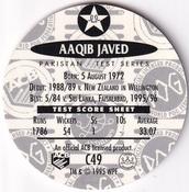 1995 Crown & Andrews Cricket Test Series & Sheffield Shield POG Pack Milk Caps #C49 Aaqib Javed Back