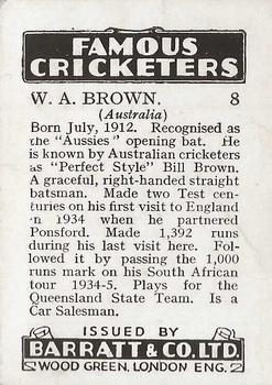 1938 Barratt & Co Famous Cricketers #8 Bill Brown Back