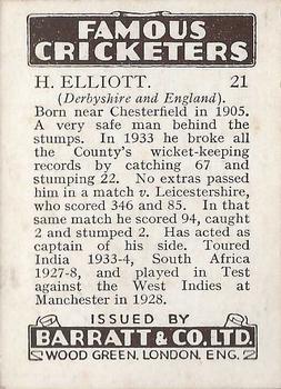 1938 Barratt & Co Famous Cricketers #21 Harold Elliott Back