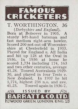 1938 Barratt & Co Famous Cricketers #36 Thomas Worthington Back
