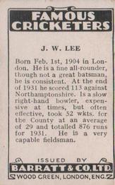 1932 Barratt & Co Famous Cricketers #NNO Jack Lee Back