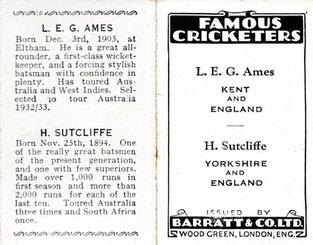 1932-33 Barratt & Co Famous Cricketers Folders #NNO Les Ames / Herbert Sutcliffe Back