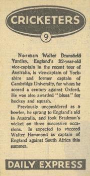 1947 Daily Express Newspaper Cricketers #9 Norman Yardley Back