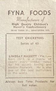 1950 Fyna Foods Test Cricketers #3 Lindsay Hassett Back
