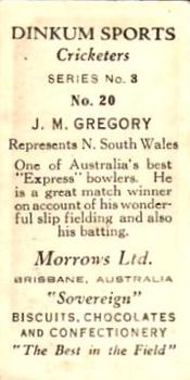 1929 Morrows Dinkum Sports Cricketers Series 3 First Edition #20 Jack Gregory Back