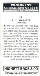 1938 Hignett Tobacco Prominent Cricketers #43 Lindsay Hassett Back