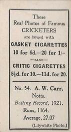 1922 J.A. Pattreiouex Cricketers #C54 Arthur Carr Back