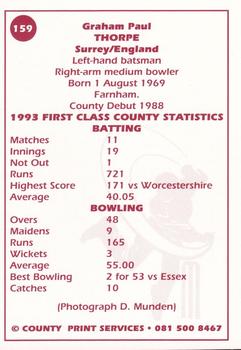 1993 County Print Services County Cricketers Autograph Series #159 Graham Thorpe Back