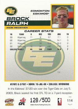 2003 Pacific  CFL #114 Brock Ralph Back