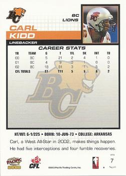 2003 Pacific  CFL #7 Carl Kidd Back