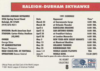 1991 Pro Set WLAF - Helmets #8 Raleigh-Durham Skyhawks Back