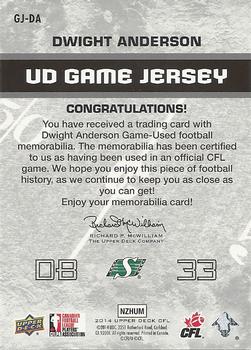 2014 Upper Deck CFL - UD Game Jersey #GJ-DA Dwight Anderson Back