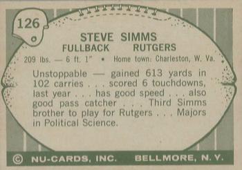 1961 Nu-Cards Football Stars #126 Steve Simms Back