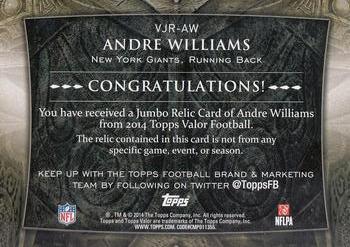 2014 Topps Valor - Jumbo Relics Courage #VJR-AW Andre Williams Back