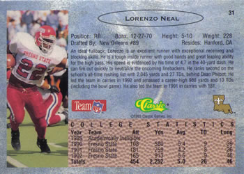 1993 Classic #31 Lorenzo Neal  Back