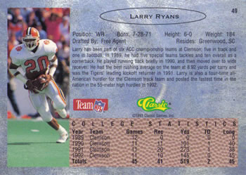 1993 Classic #49 Larry Ryans  Back