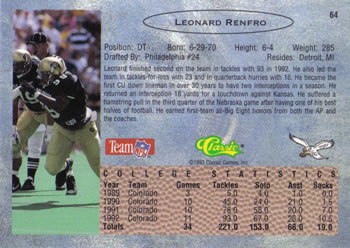 1993 Classic #64 Leonard Renfro  Back
