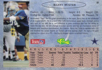 1993 Classic #81 Barry Minter  Back