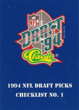 1994 Classic NFL Draft #94 Checklist No. 1: 1-54 Front